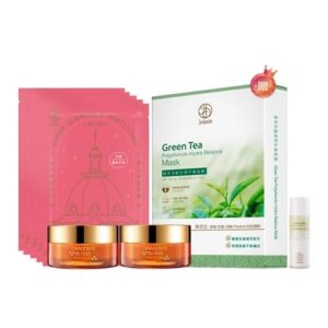 龍血求麗修護霜35mLx2+極光白美白面膜x5 贈 綠茶面膜20mLx5pcs+卡姆果水凝露20m
