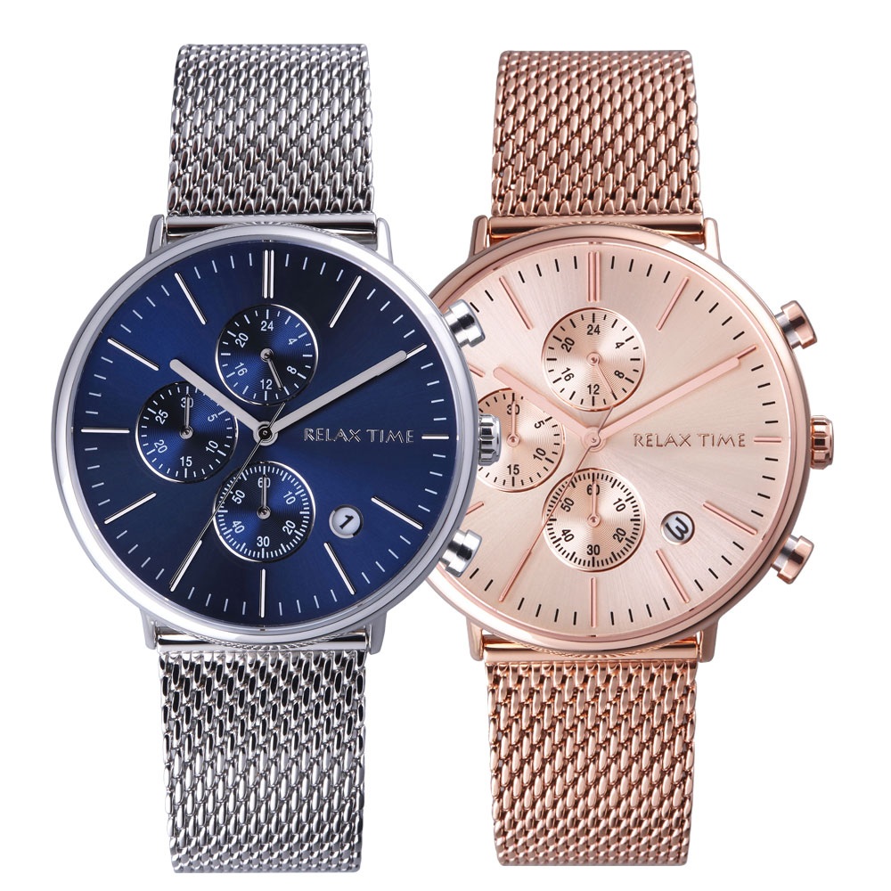【RELAX TIME】 *加碼送皮帶*RELAX TIME 三眼計時對錶-藍x玫 Ø40mm 3 【RELAX TIME】 *加碼送皮帶*RELAX TIME 三眼計時對錶-藍x玫 Ø40mm