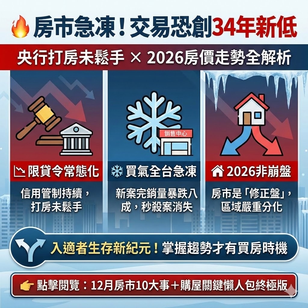 🔥 12 月房市 10 大事|表格+懶人包終極版 2 交易恐創 34 年低 × 限貸令未鬆手 × 2026 房價走勢全解析【購屋關鍵必看】