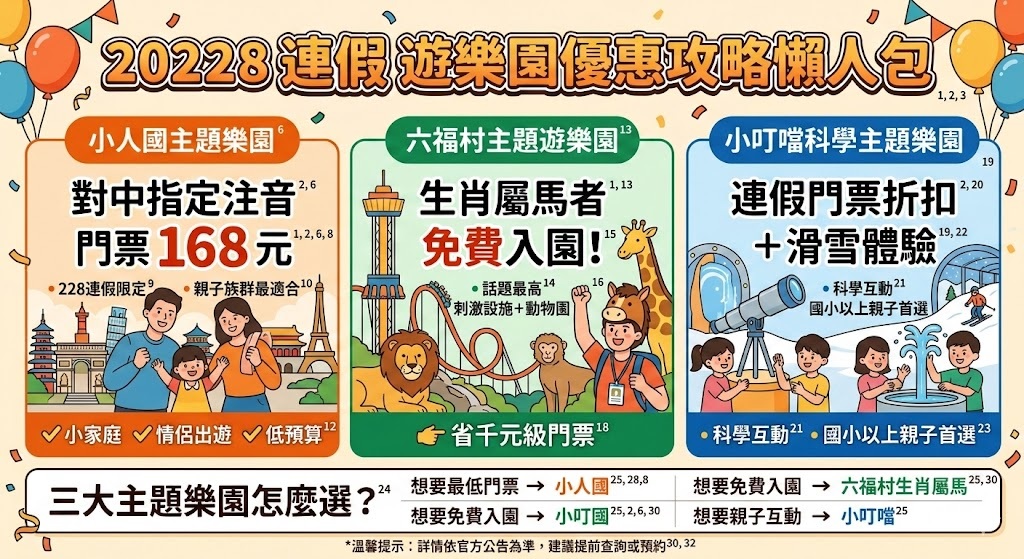 🔥 2026 228連假優惠懶人包|小人國168元、六福村生肖屬馬免費入園!三大主題樂園一次看 2 228連假遊樂園優惠攻略懶人包