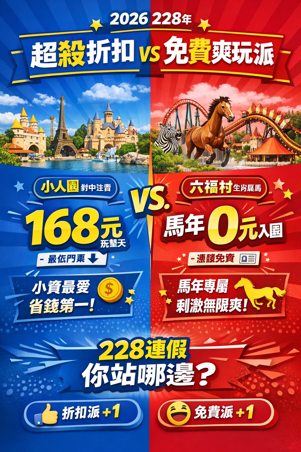 🔥 2026 228連假優惠懶人包|小人國168元、六福村生肖屬馬免費入園!三大主題樂園一次看 1 2026 228 超殺折扣免費爽玩