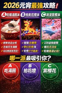 Read more about the article 【2026元宵終極攻略】必吃湯圓老店排隊清單＋燈節花燈賞燈亮點＋228連假春遊賞櫻最佳組合（花期花況／天氣氣象／交通路況一次看）