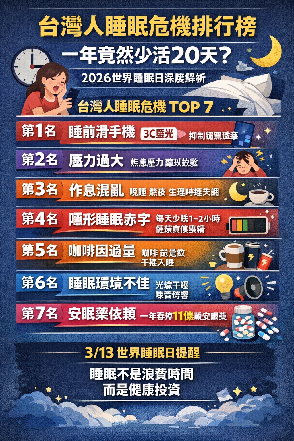 台灣人睡眠危機排行榜—1年少活20天