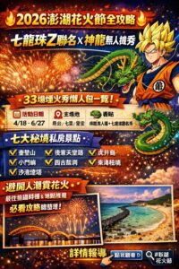 Read more about the article 🔥2026澎湖花火節33場時間總整理｜七龍珠Z聯名＋神龍無人機秀！7大秘境避人潮全攻略🔥