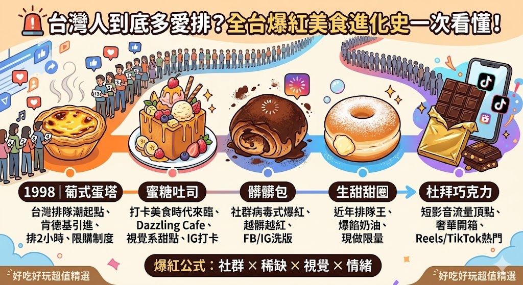 🚨台灣人到底多愛排?從1998葡式蛋塔到杜拜巧克力,全台爆紅美食進化史一次看懂! 2 台灣人到底多愛排?全台爆紅美食進化史一次看懂!