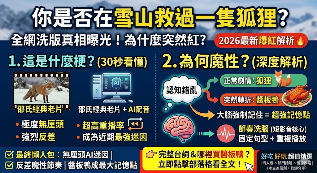 🔥你是否在雪山救過一隻狐狸是什麼梗?全網洗版真相曝光!看到最後你也會突然想吃醬板鴨(2026最新爆紅解析) 1 你是否在雪山救過一隻狐狸?全網洗版真相曝光!為什麼突然爆紅?