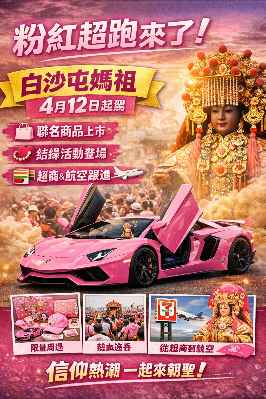 粉紅超跑來了!2026白沙屯媽祖4/12起駕🔥聯名商品、結緣活動一次看(超商/航空/金飾全跟上) 1 粉紅超跑來了|2026白沙屯媽祖4/12起駕