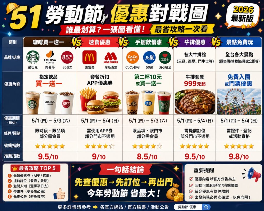 🎉2026 51勞動節優惠懶人包|咖啡買一送一、牛排999元|全台景點免費玩一次看|最省攻略 2 51勞動節最強優惠對戰圖