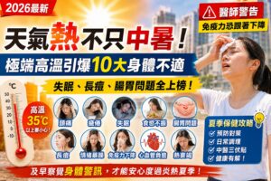 Read more about the article 【天氣熱不只中暑】極端高溫引爆10大身體不適—失眠、長痘、腸胃問題全上榜｜醫師警告：免疫力恐跟著下降