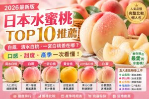 Read more about the article 【2026日本水蜜桃TOP10推薦】白鳳、清水白桃、一宮白桃差在哪？甜度排行、價格、產季、口感比較一次看懂！