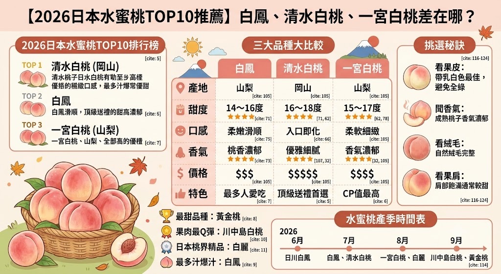 【2026日本水蜜桃TOP10推薦】白鳳、清水白桃、一宮白桃差在哪？甜度排行、價格、產季、口感比較一次看懂！