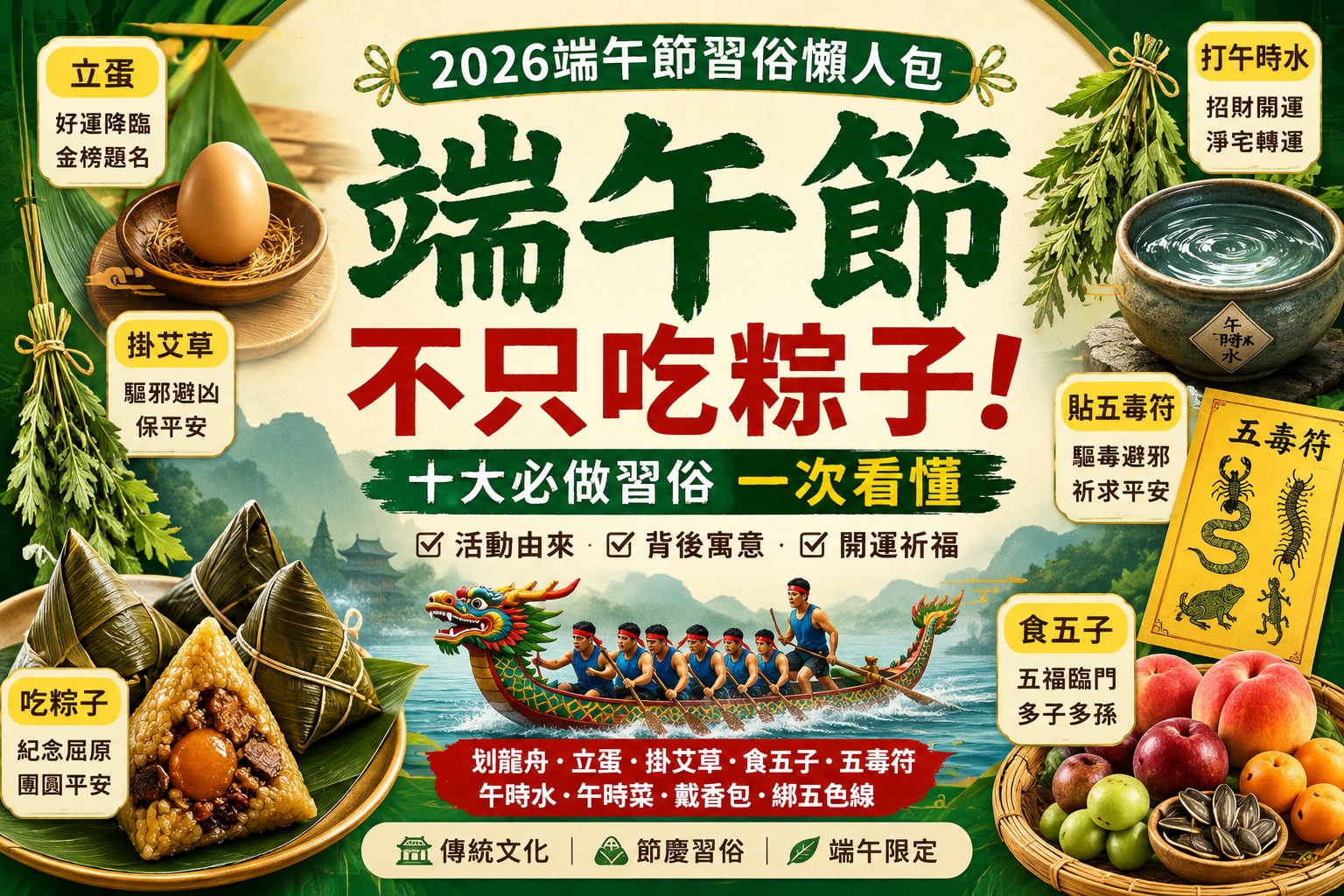 Read more about the article 【2026端午節習俗終極指南】端午節不只吃粽子｜十大必做習俗一次看：划龍舟、立蛋、掛艾草、食五子、午時水、五毒符完整解析