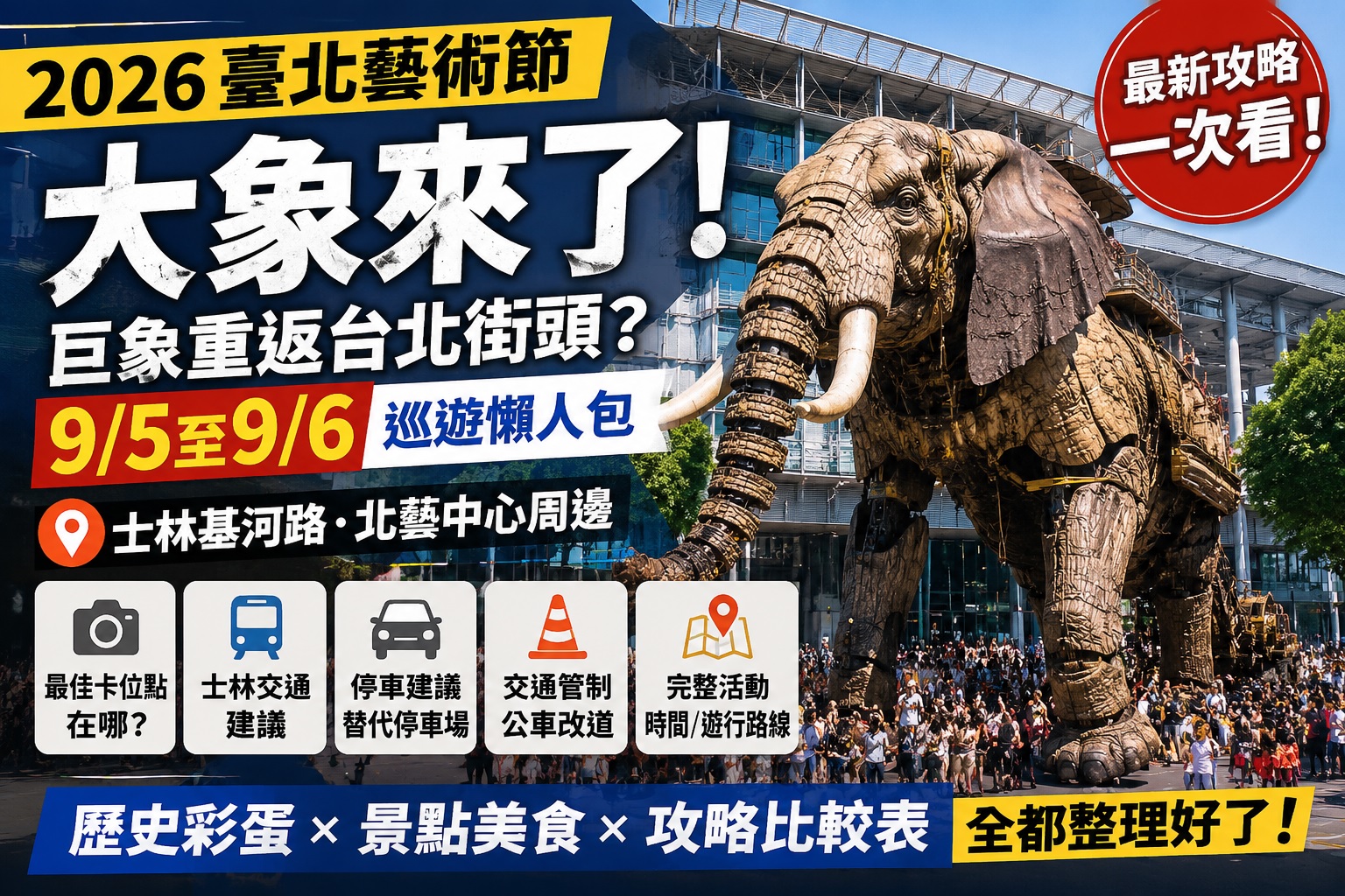 Read more about the article 2026臺北藝術節「大象來了」完整攻略｜9/5、9/6巨象重返台北街頭？最佳卡位點在哪、士林基河路交通、停車與遊行路線一次看