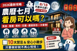 Read more about the article 2026農曆七月看房可以嗎？鬼月買房禁忌一次看懂｜8月18日不是中元節！看屋、簽約、交屋、遷居安心攻略