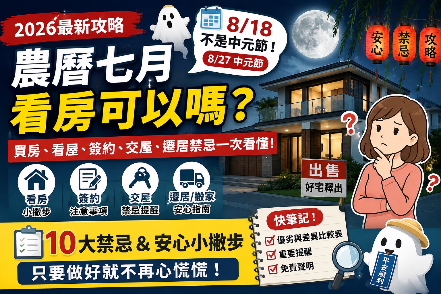 Read more about the article 2026農曆七月看房可以嗎？鬼月買房禁忌一次看懂｜8月18日不是中元節！看屋、簽約、交屋、遷居安心攻略