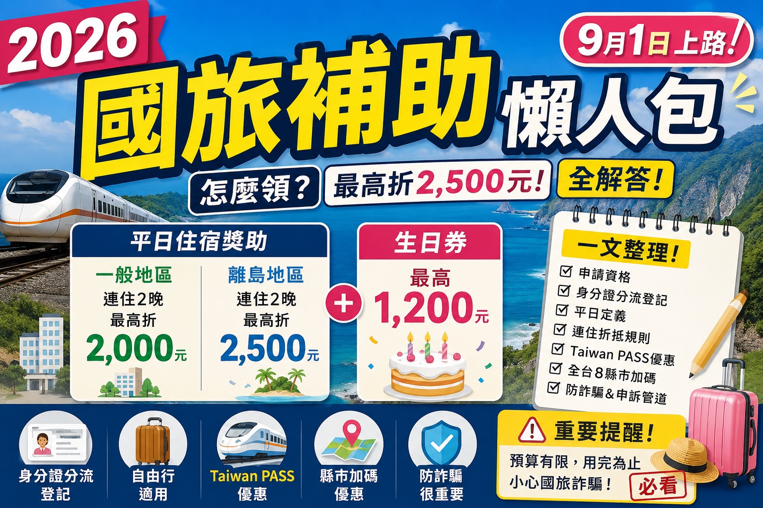 Read more about the article 2026國旅補助怎麼領？9月1日上路！平日最高2,500元、生日券1,200元、8縣市加碼全攻略