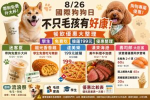 Read more about the article 2026國際狗狗日優惠懶人包｜8/26是什麼？迷客夏帶狗免費升大杯、學生免費吃可樂餅、達美樂199元披薩、漢來海港、壽司郎大巨蛋優惠一次看