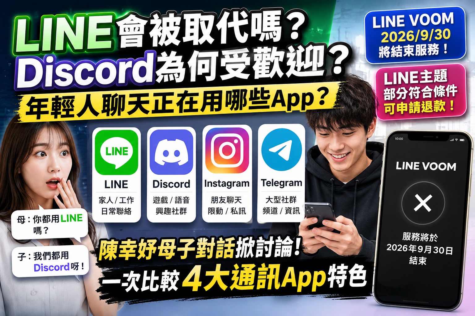 Read more about the article LINE會被取代嗎？Discord為何受歡迎？2026年輕人聊天App、LINE／Discord／IG／Telegram比較
