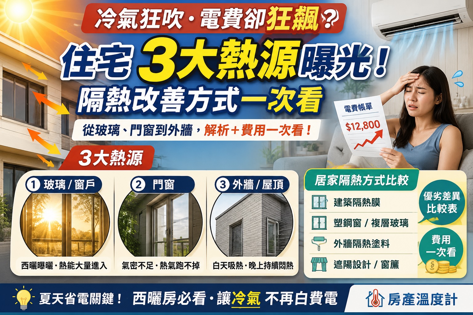 Read more about the article 冷氣電費狂飆不是冷氣不夠力？住宅「3大熱源」曝光！玻璃、門窗、外牆隔熱一次看，建築隔熱膜、塑鋼窗、外牆塗料費用與優缺點全解析